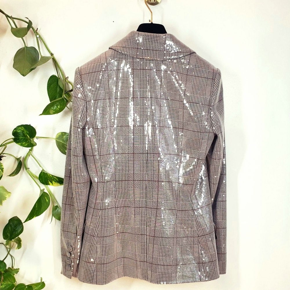 $495 NWT BADGLEY MISCHKA Plaid Blazer Silver Coat XS Button down Sparkle Chic - Picture 12 of 14
